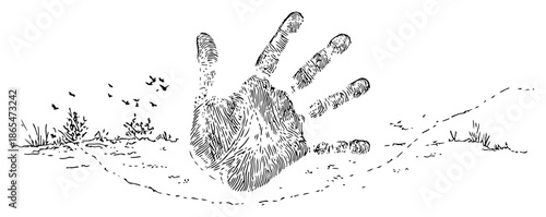 Giant human handprint mark on the ground with birds sketch