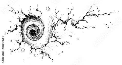 Hand drawn sketch of a swirling black hole vortex with cracks