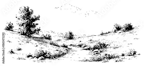 Rural landscape sketch with rolling hills trees and winding path