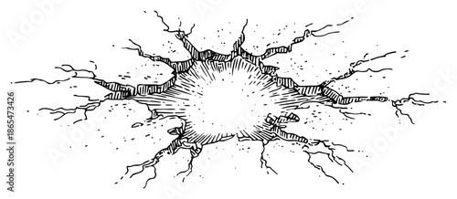 Hand drawn sketch of a cracked hole or impact crater in the ground