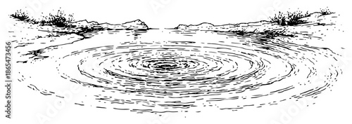 Landscape sketch of a pond surface with spreading water ripples