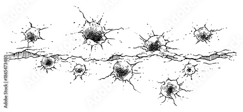 Surface damaged by multiple bullet holes and cracks sketch