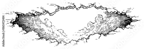 Large gaping hole or sinkhole opening in the ground sketch