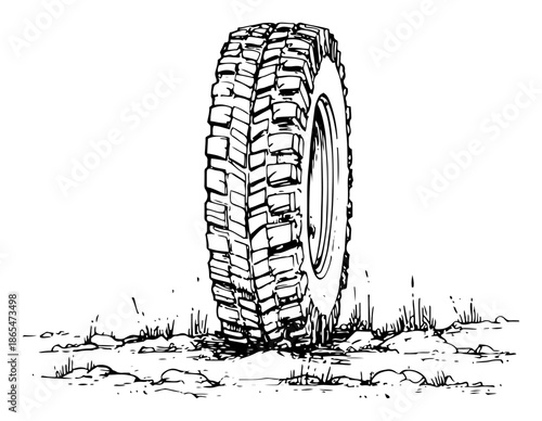 Large off-road vehicle tire standing on ground sketch