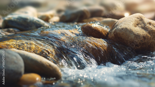 Sparkling Water Rushing Over Sunlit River Rocks: Freshness and Movement