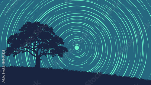 Tree Silhouette Under Swirling Star Trails Night Sky with vector illustration