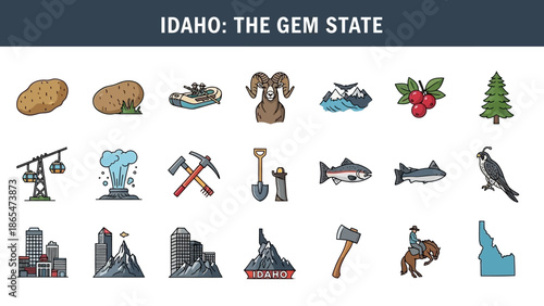 Idaho The Gem State Illustrated Icons Representing Tourism, Industry, and Wildlife