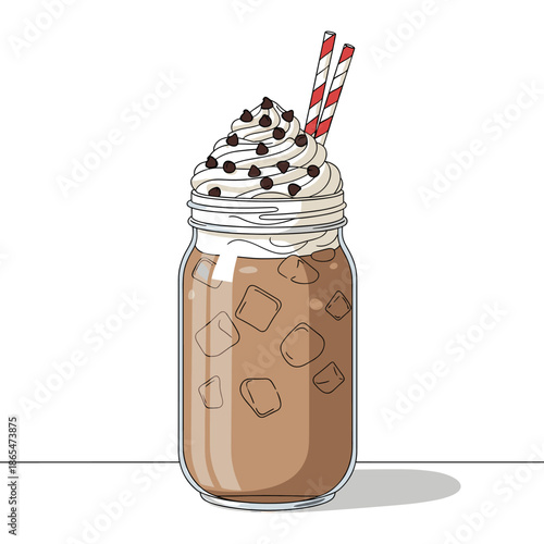 Iced Mocha Coffee Drink in Mason Jar with Whipped Cream & Chocolate Chips Illustration