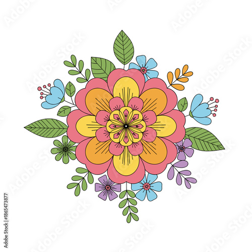Floral Arrangement Illustration: Colorful Flower Design with Leaves, Isolated