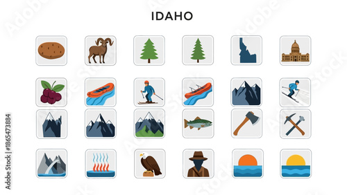 Collection of diverse icons representing Idaho's natural beauty, resources, and activities