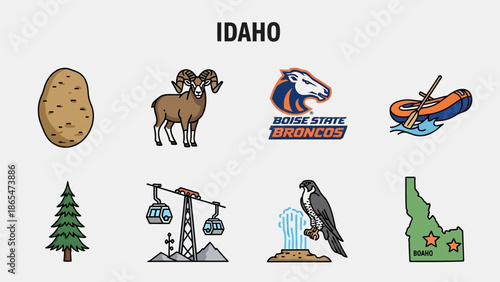 Idaho State Icons and Symbols Collection Featuring Agriculture, Wildlife, Education, and Recreation