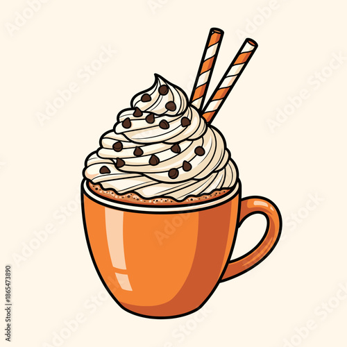 Hot Chocolate with Whipped Cream and Chocolate Chips - Vector Illustration