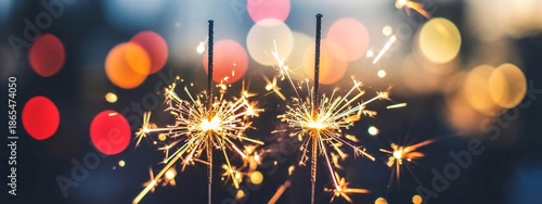 Sparkling celebration with bright sparklers on dark background