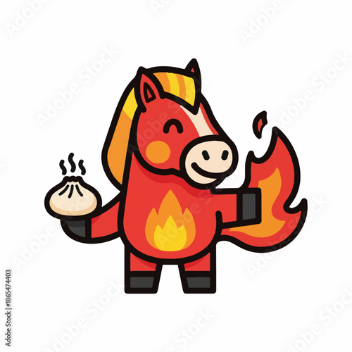 Cute fiery horse cartoon holding a steaming dumpling, ideal for Chinese New Year, zodiac symbol, and Asian food celebration vector illustration