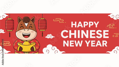 Festive Chinese New Year banner with happy cartoon horse, gold ingot, and traditional red lanterns on a celebration background.