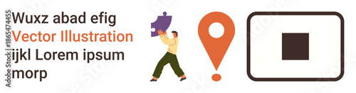 Problem-solving, navigation, creativity, conceptual thinking, teamwork, graphic design. A person holding a purple puzzle piece next to a location pin and a square frame. Problem-solving