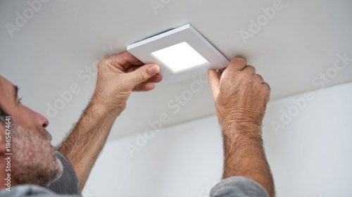 Man installs ceiling light fixture at home during bright afternoon hours in a residential space