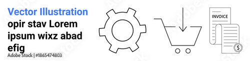 Gear for settings, cart for online shopping, invoice for payments. Ideal for ecommerce, business tools, automation, process management, shopping platform, financial system simple landing page