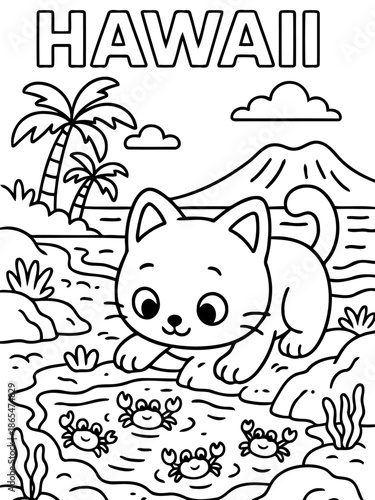 Hawaii's Cute Companion: An endearing cartoon of a charming cat explores a captivating Hawaiian beachside scene, encountering playful crabs and the scenic landscape.
