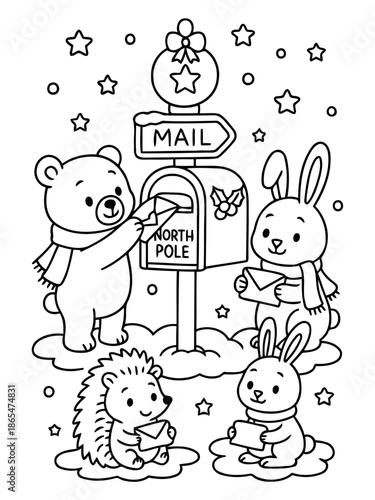 North Pole Mail Delivery: Charming illustrated scene of woodland creatures, including bear, hedgehog, and bunnies.