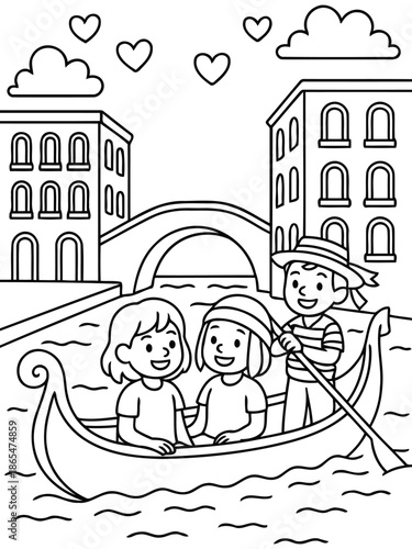 Romantic Gondola Ride: Two happy passengers enjoy a serene gondola ride, propelled by a charming gondolier. Set against the backdrop of iconic Venetian architecture and floating clouds.