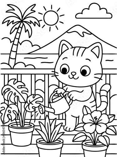 Cute Cat Caring for Garden: A cute, friendly cat carefully tends to a vibrant garden, watering the plants and basking in the warm sunshine, creating a scene of tranquil and happiness.