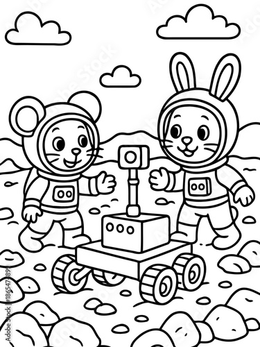 Cosmic Companions: Two charming animal astronauts stand side by side next to a rover on an alien planet, ready for interstellar exploration and adventure.