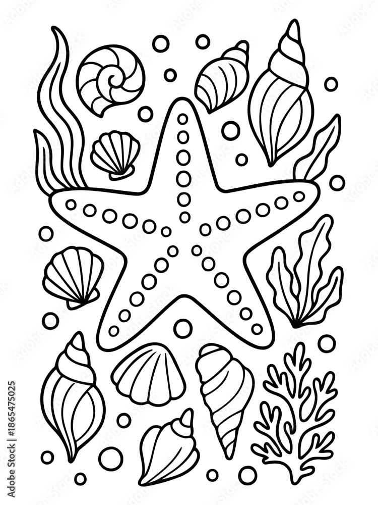 Naklejka premium Ocean Treasures Illustration: A captivating monochrome illustration of marine life, featuring a central starfish, diverse seashells, and flourishing seaweed.