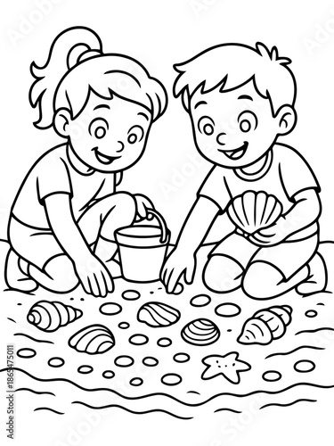 Seashore Discovery: Two children, engrossed in their seaside adventure, explore a collection of seashells on the sandy shore, their faces alight with curiosity and wonder.