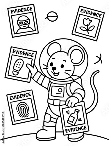 Space Mouse Detective with Evidence: An engaging illustration of a space-suited mouse, proudly showcasing a selection of evidence cards.