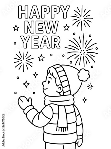 New Year's Eve Celebration Illustration: A whimsical illustration depicts a child gazing up at a fireworks display, heralding the arrival of the new year with excitement and anticipation. 