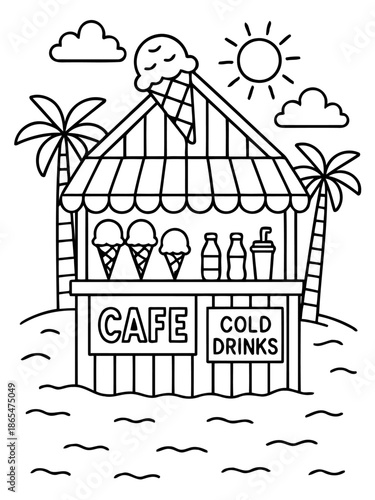 Cafe by the Beach: A quaint cafe, situated on a beach, beckons with refreshing cold drinks and delicious ice cream, promising a perfect day of relaxation under the sun.