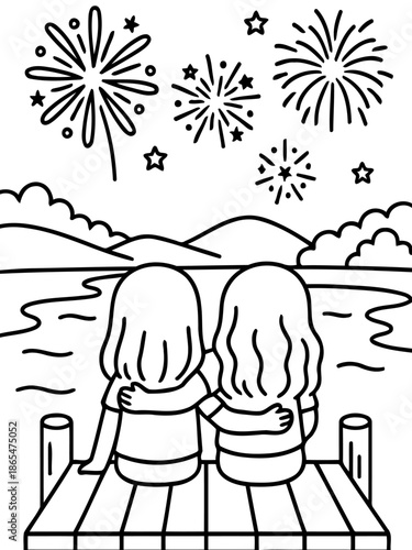 Celebration by the Lake: Two young girls, arms around each other, witness the spectacle of vibrant fireworks illuminating the night sky, their backs turned to the viewer.