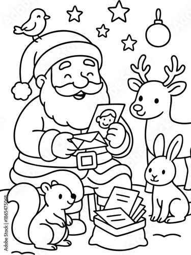 Santa's Yuletide Letter: A whimsical illustration capturing Santa Claus, poring over a personalized letter alongside his forest friends, surrounded by the festive magic of Christmas.