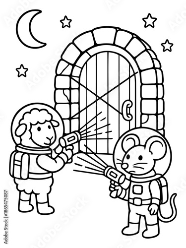 Cosmic Quest: Animated Illustration of astronaut-clad animals aiming to discover the door under starry night and a moon in the sky, evokes a sense of adventure, exploration, and limitless possibility