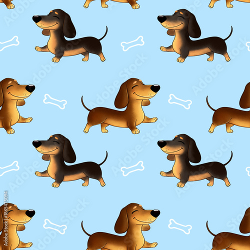 Canvas Print Seamless pattern with cute cartoon dachshund dogs in red and black colors on a l