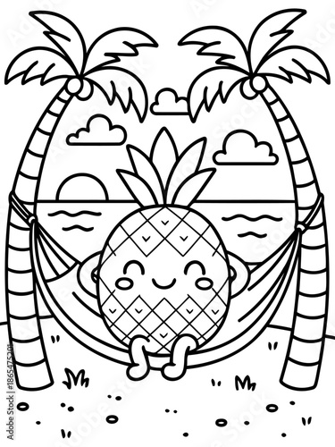 Tropical Relaxation: A cheerful pineapple finds respite in a hammock, nestled between swaying palm trees, with the gentle sea breeze and the horizon in sight, evoking the bliss of a tropical getaway.