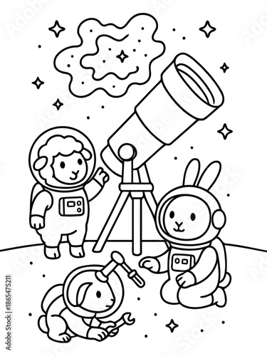 Astronauts and Celestial Exploration: Cute astronaut animals are exploring the cosmos with a telescope and various tools, embarking on an exciting journey. 