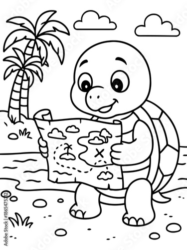 Seafaring Turtle's Treasure Map: A curious turtle engrossed in a nautical chart, charting a course for adventure, as it sets its sights on hidden bounty.