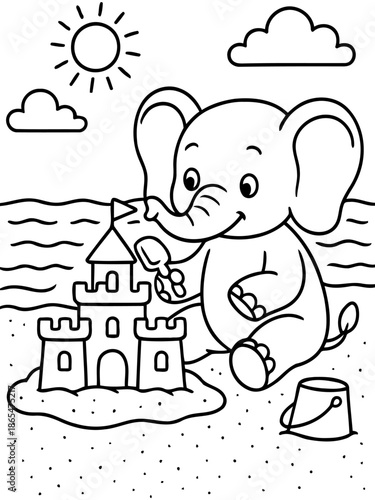 Sandy Castle Creation: A cheerful cartoon elephant builds a majestic sand castle on a sunny beach, complete with turrets and a bucket for water, embodying pure childhood joy and summer fun.