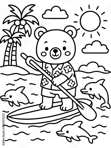 Bear Surfing in the Sun: A cheerful bear, paddles along on a surfboard under the warm sun, a true embodiment of summer vibes. Dolphins play playfully nearby, creating a joyful seascape.