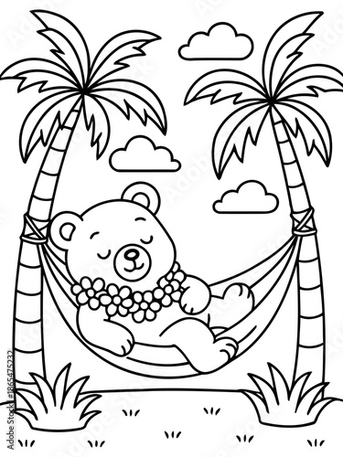 Relaxing Bear in Paradise: A whimsical scene features a contented bear, adorned with a floral lei, peacefully resting in a hammock suspended between palm trees.