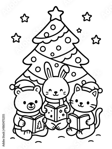 Christmas Friends' Carols: A heartwarming illustration of a bear, a bunny, and a cat, all donned in winter caps, joyfully singing carols in front of a decorated Christmas tree.