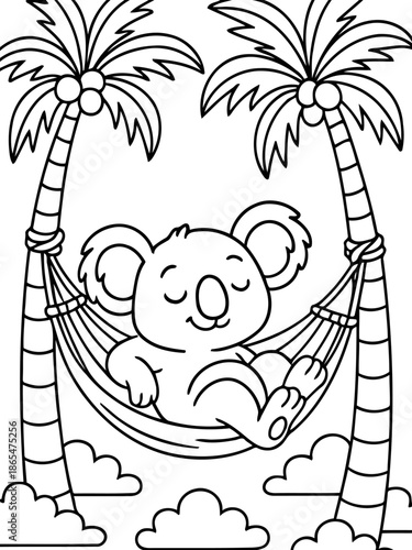 Koala Resting in Paradise: A serene koala dozes peacefully in a hammock strung between two palm trees, under a cloud-dotted sky, it is the definition of tranquil relaxation