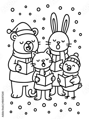 Winter Carols: Charming animal friends singing holiday carols in the snowy atmosphere, bringing warmth and cheer to the winter season.