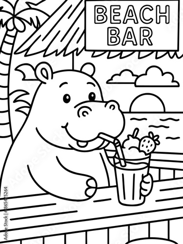 Beach Bar Oasis: A cheerful hippo, taking a moment of delight, sips a refreshing beverage at a beachfront bar, capturing the essence of a serene tropical escape.