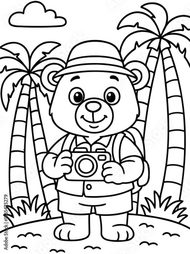 Travel Bear with Camera in the Tropical Paradise: A friendly and adventurous cartoon bear, prepared for his journey, stands amidst lush palm trees, ready to capture the moment.