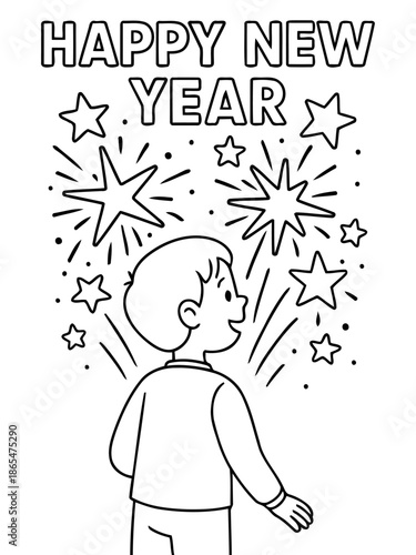 New Year's Eve Celebration: A line drawing illustration captures the cheerful anticipation of a boy watching a burst of fireworks illuminating the night sky, celebrating the arrival of a new year.