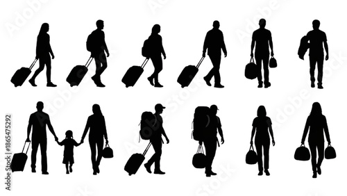 People Walking Silhouette Vector Icon Set with Luggage Isolated