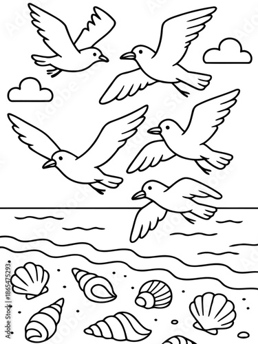 Seagulls and Seashells: A charming illustration depicts several seagulls soaring above a sandy beach strewn with seashells, evoking the carefree spirit of a coastal scene.